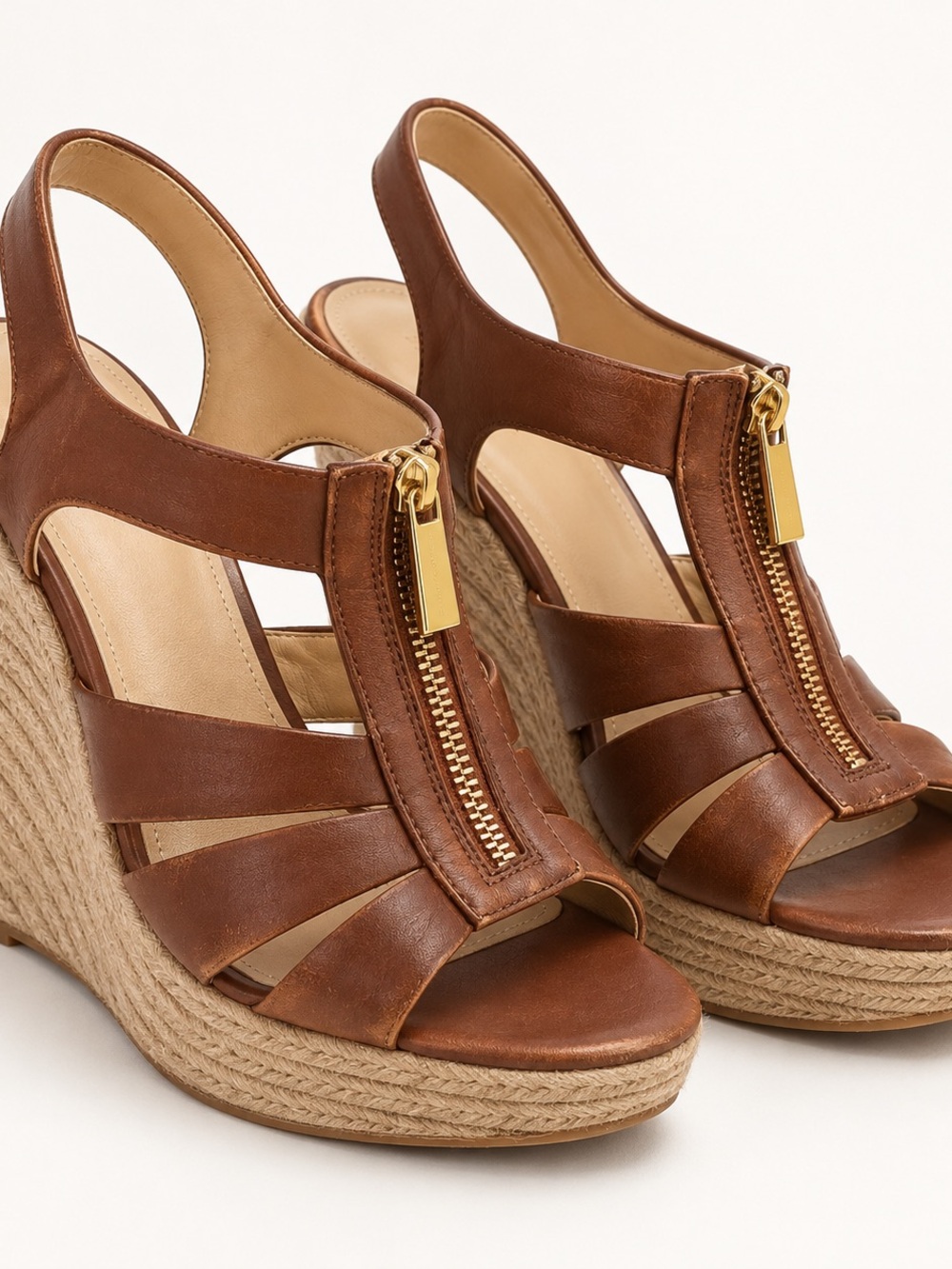 Michael Kors Brown Leather Espadrille Wedge Zip Sandals Women’s Size 9.5M